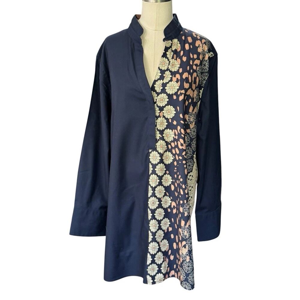 Chico's Shirt Womens Navy No-Iron Chic Stretch Mixed Print Long Sleeve Size 18